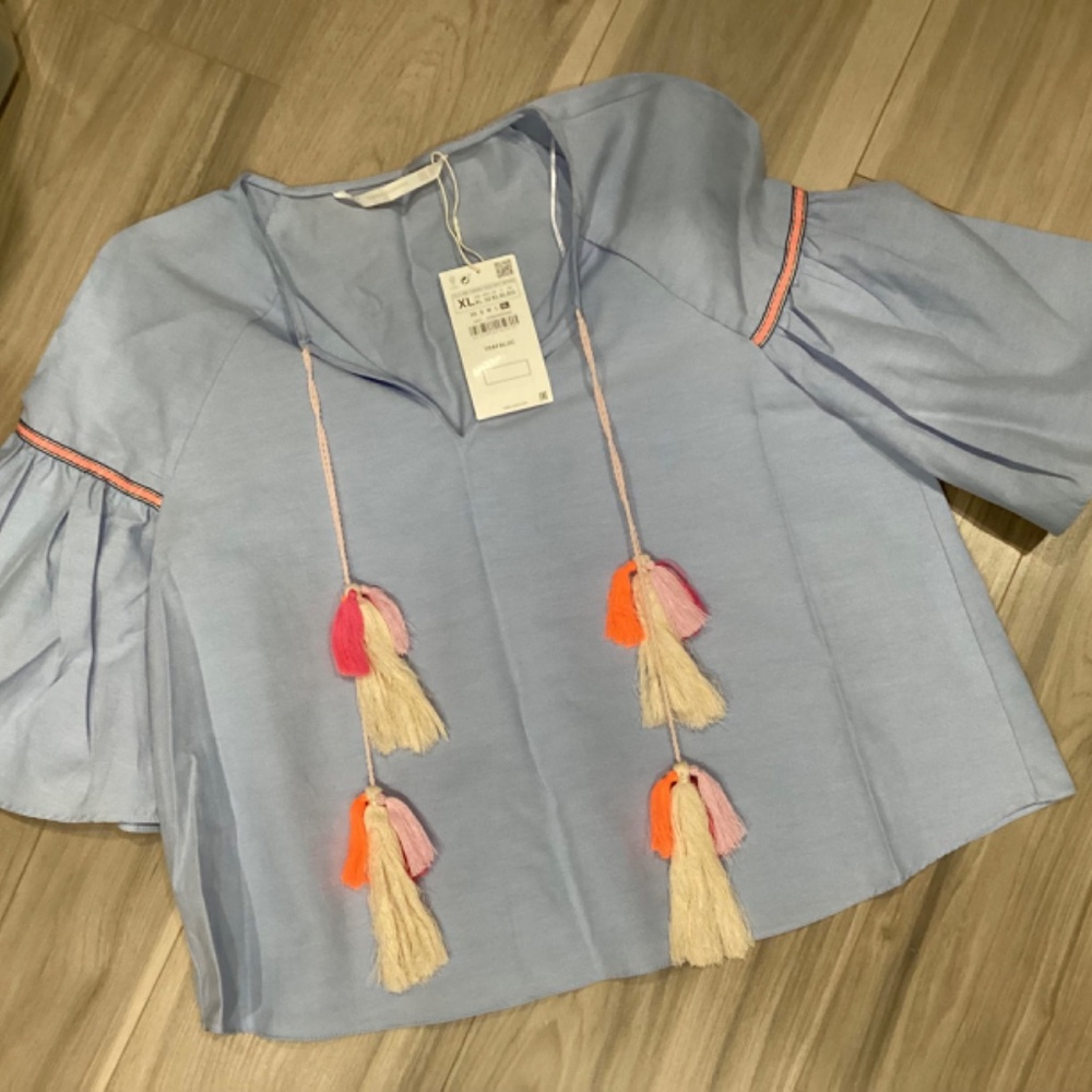 ZARA TRF Collection Light Blue Short Sleeve Tassel V Neck Top - XL